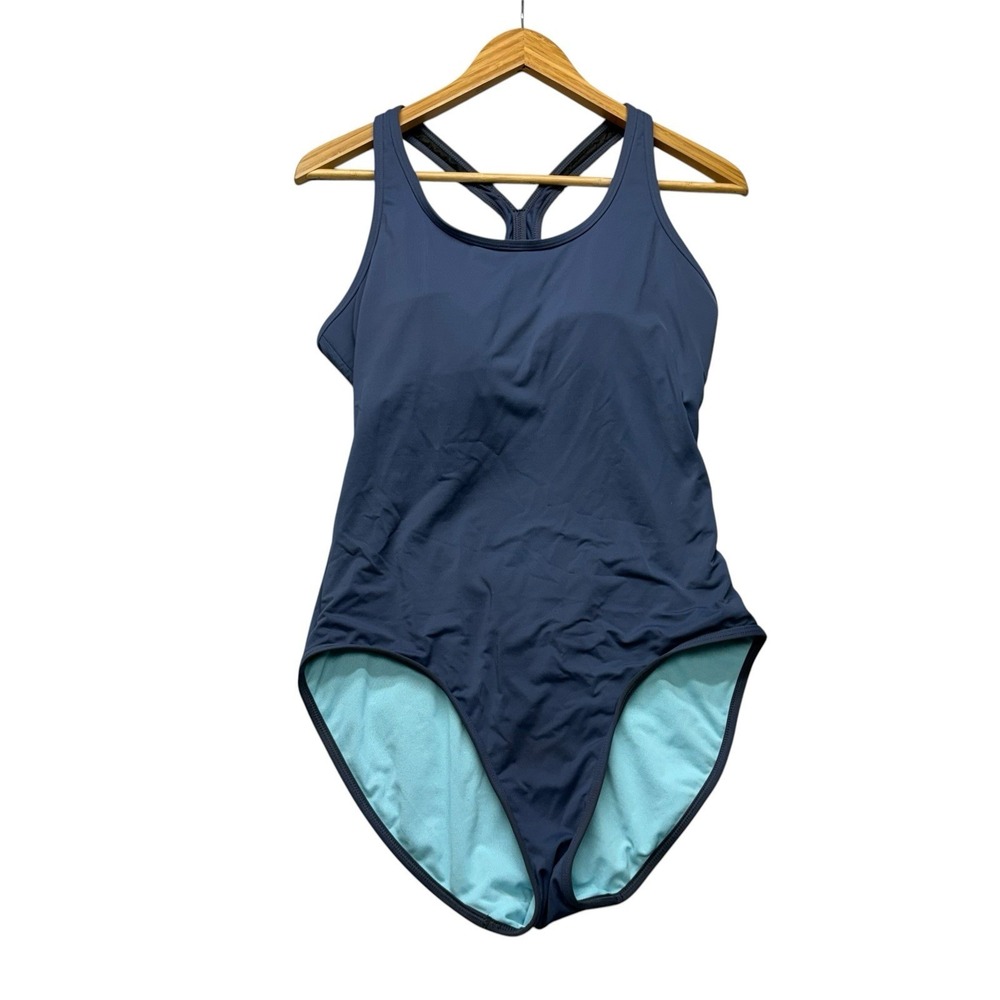 Athleta Womens Swimsuit LT Large Tall Blue Gray One Piece Open Back Athletic